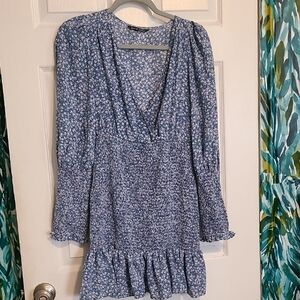 SHEIN Blue Floral Long Sleeve Smocked Mini Dress